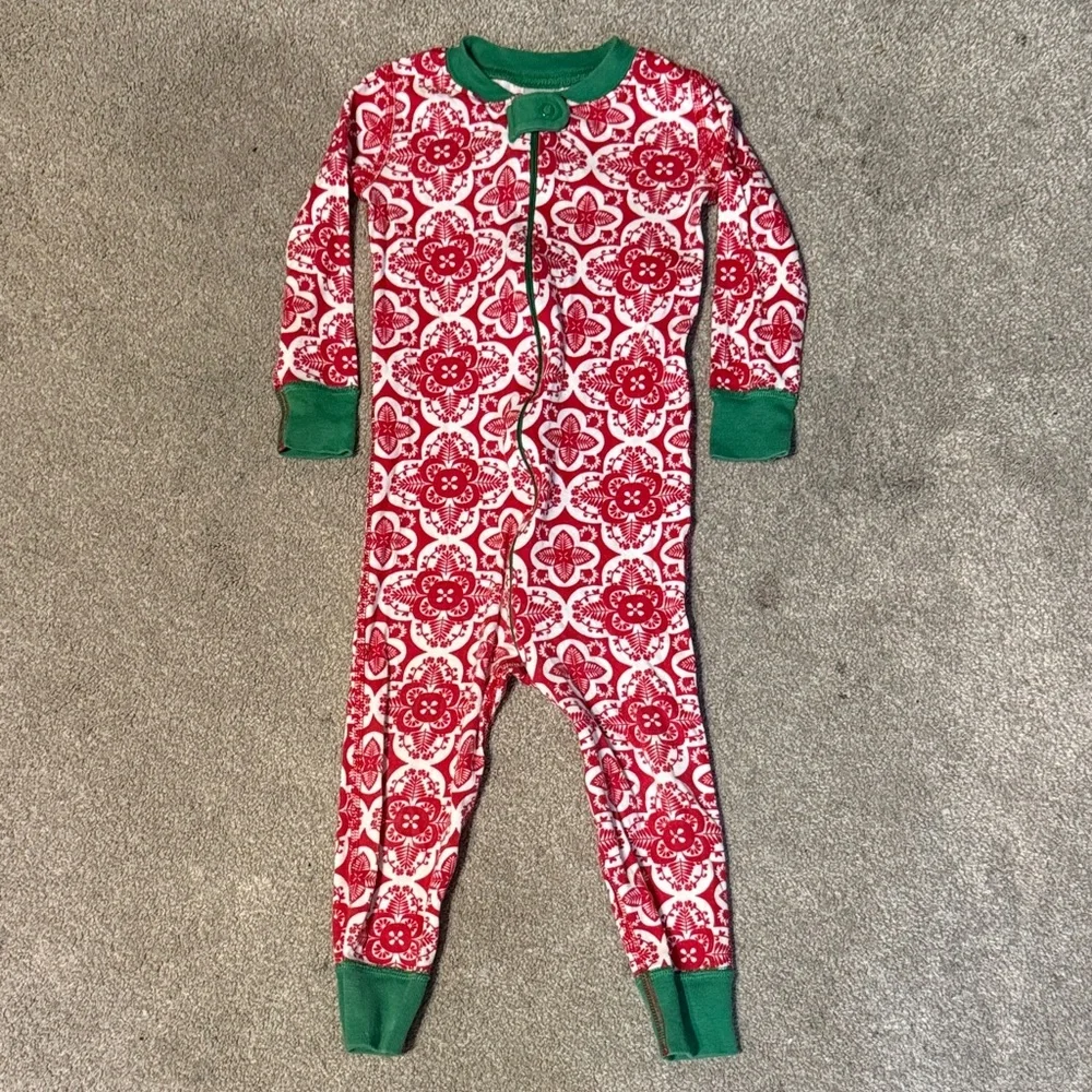 Hanna Andersson Red Holiday Print Full Zip Open Footie Pajamas Size 18-24 M